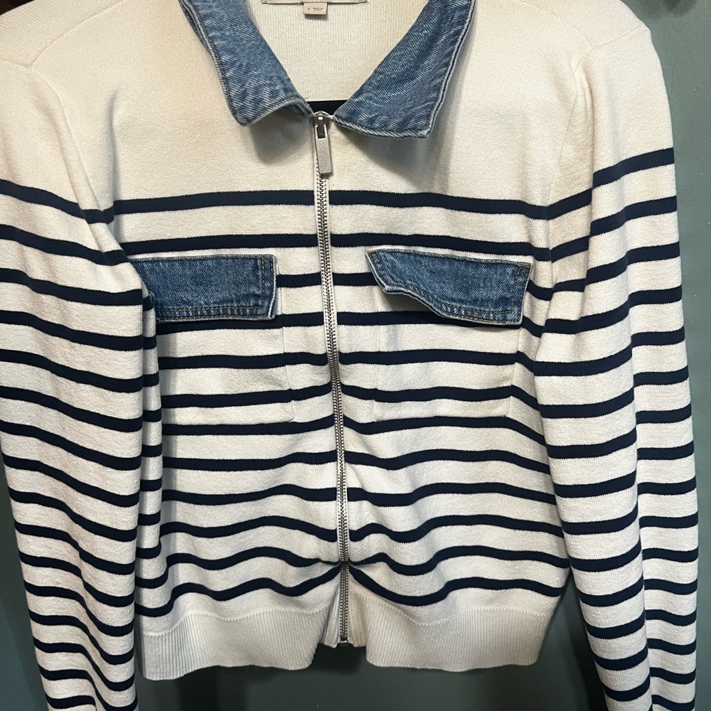 NWOT LOFT Blue and White Denim-Trim Cardigan - Picture 3 of 13